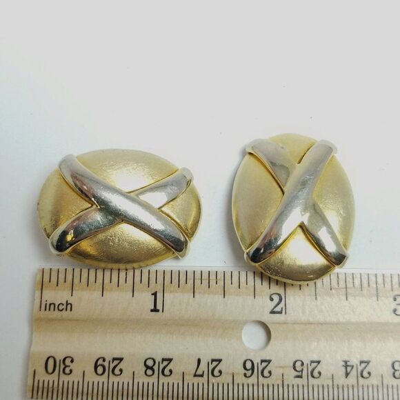 Vintage Big Gold Tone X Oval Clip On Earrings, Retro 80s Style Design, Estate - Picture 4 of 6